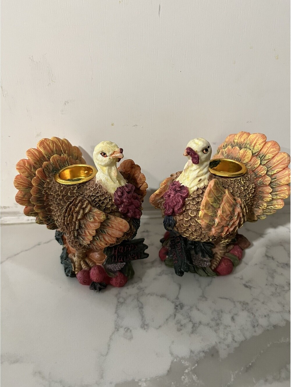 Set of 2 Thanksgiving Turkey Taper Candle Holders Resin Painted Multicolor